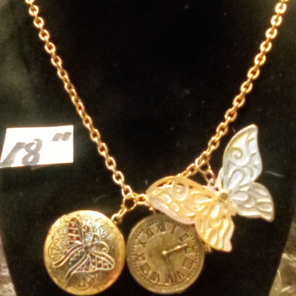 Gold Women's Necklace with Butterfly Locket and Charms